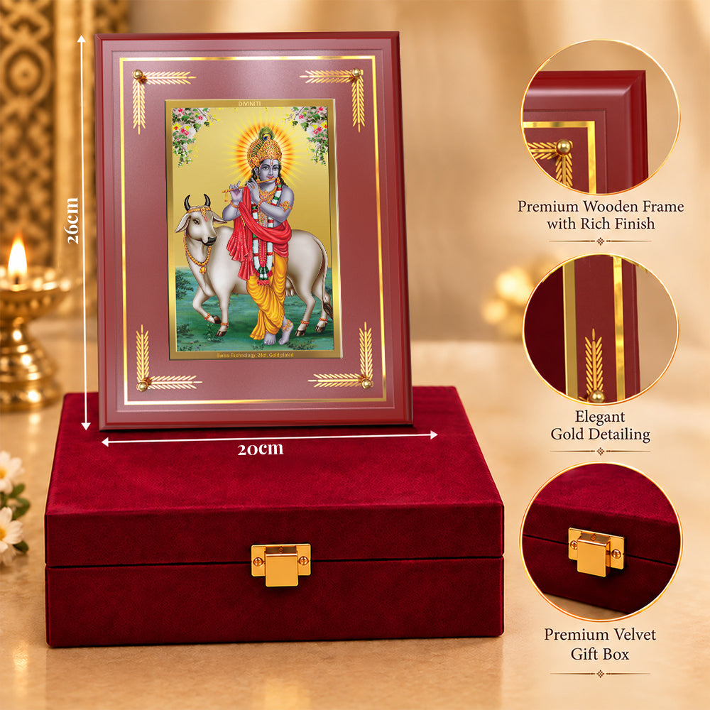24K Gold-Plated Krishna with Cow MDF Frame | Premium Gift Box | 26x20 CM