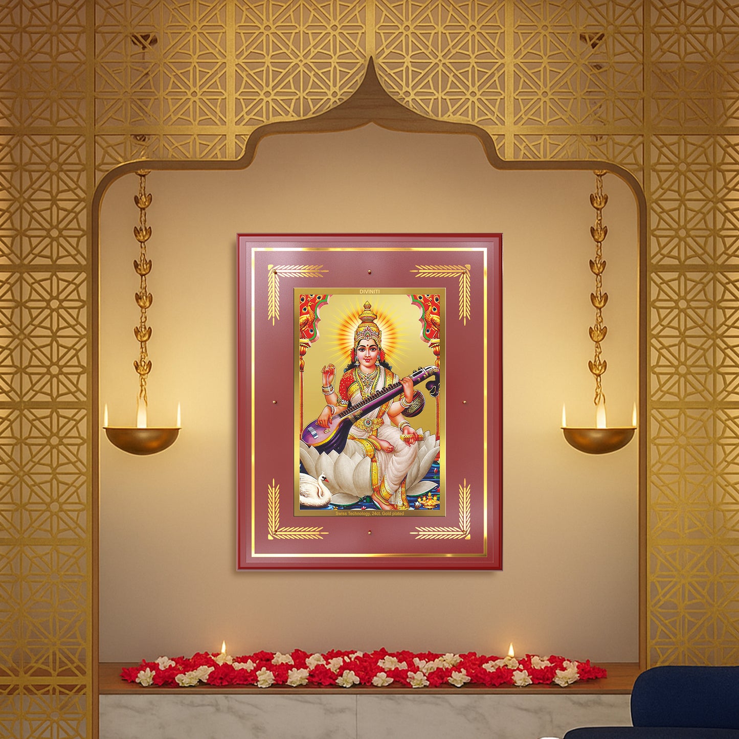 Goddess Saraswati | Divine Mother of Wisdom & Arts Wall Mount Photo Frame in 24K Gold Plated Foil