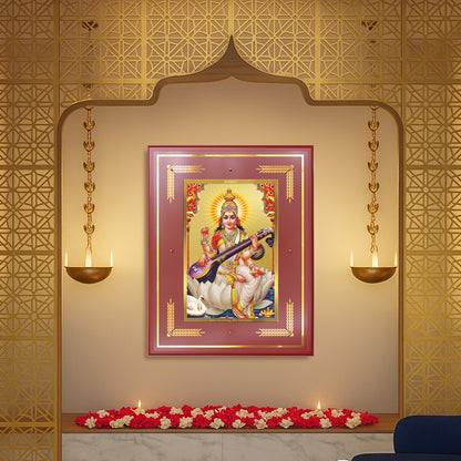 Goddess Saraswati | Divine Mother of Wisdom & Arts Wall Mount Photo Frame in 24K Gold Plated Foil