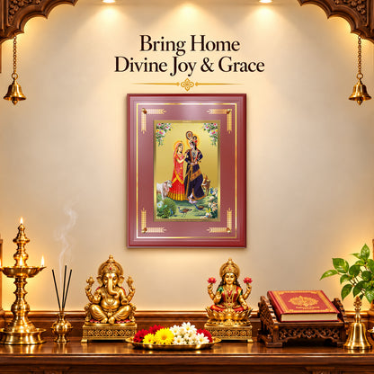 24K Gold-Plated Radha Krishna with Cow MDF Frame | Premium  Gift Box | 27x35 CM