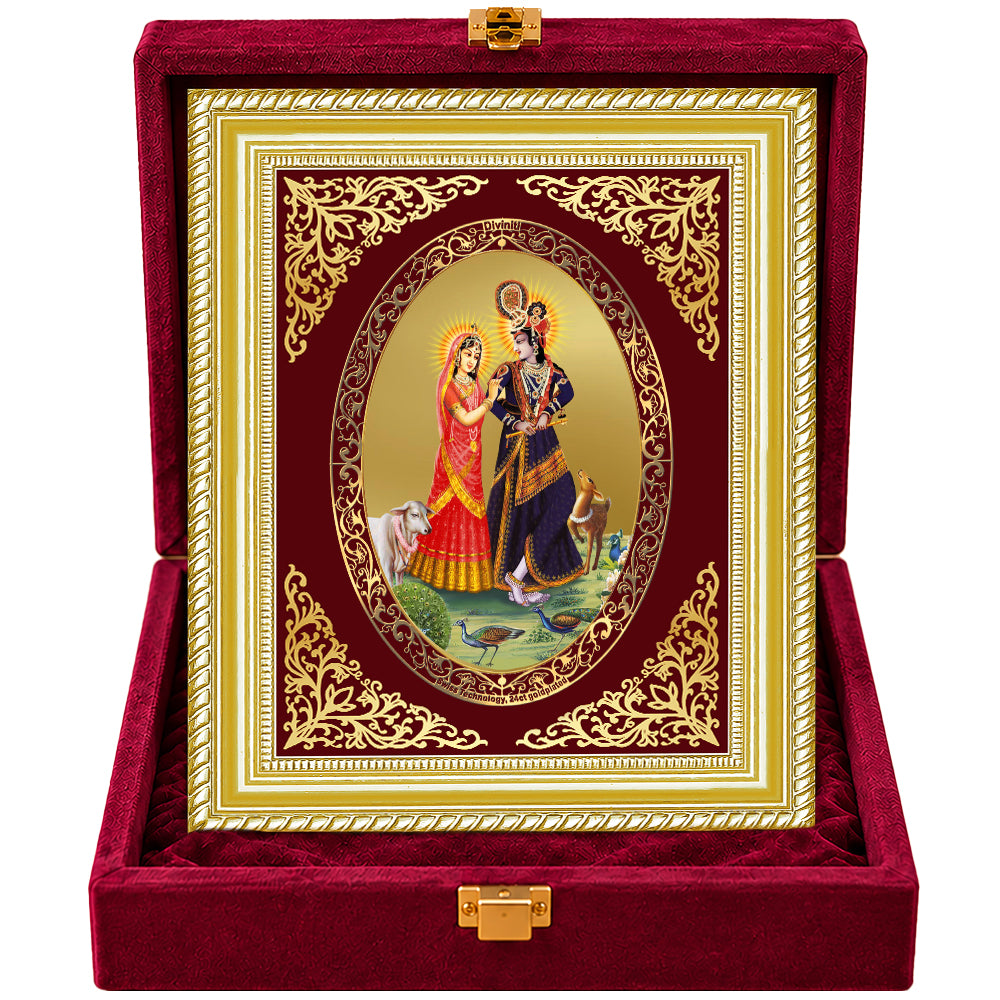 24K Gold-Plated Radha Krishna With Cow Frame | Premium Gift Box | 26x20 CM