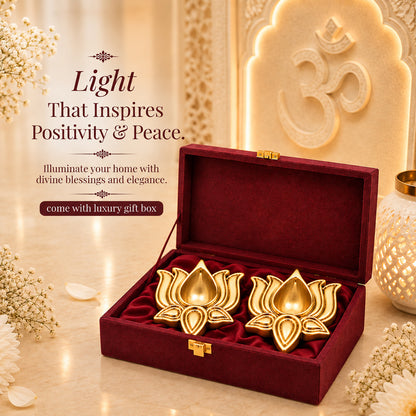 999 Gold-Plated Lotus Diya Pair | Premium Gift Box | 8x8 CM