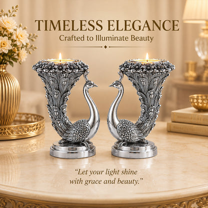 999 Silver-Plated Antique Peacock Candle Holder Pair | Premium Gift Box | 10x8 CM