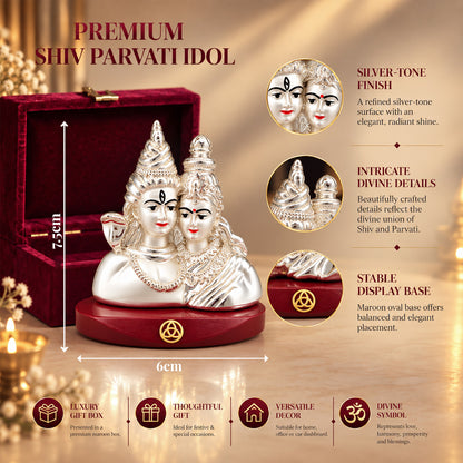 DIVINITI 999 Silver-Plated Shiv Parvati Idol | Car & Home Decor | Gift Box | 7.5x6 CM