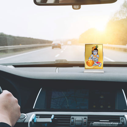 Makkan Gopal | Divine Lord Krishna Car Dashboard & Tabletop Photo Frame in 24K Gold Plated Foil