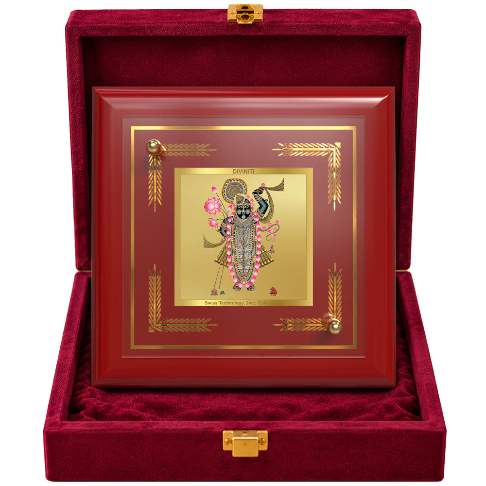 24K Gold-Plated Lord Shrinathji MDF Frame | Premium Gift Box | 10x10 CM
