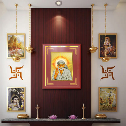 Shirdi Sai Baba Blessing Pose Wall Photo Frame in 24K Gold Plated Foil | Faith, Protection & Divine Grace