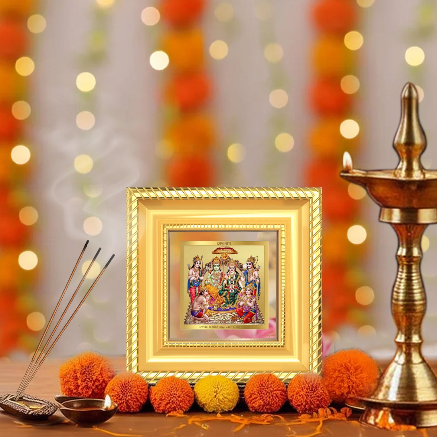 Diviniti Ram Darbar (Lord Ram with Sita, Lakshman & Hanuman) Tabletop Frame in 24K Gold Plated Foil | Dharma, Devotion & Divine Blessings | DG015S1A (10x10 CM)
