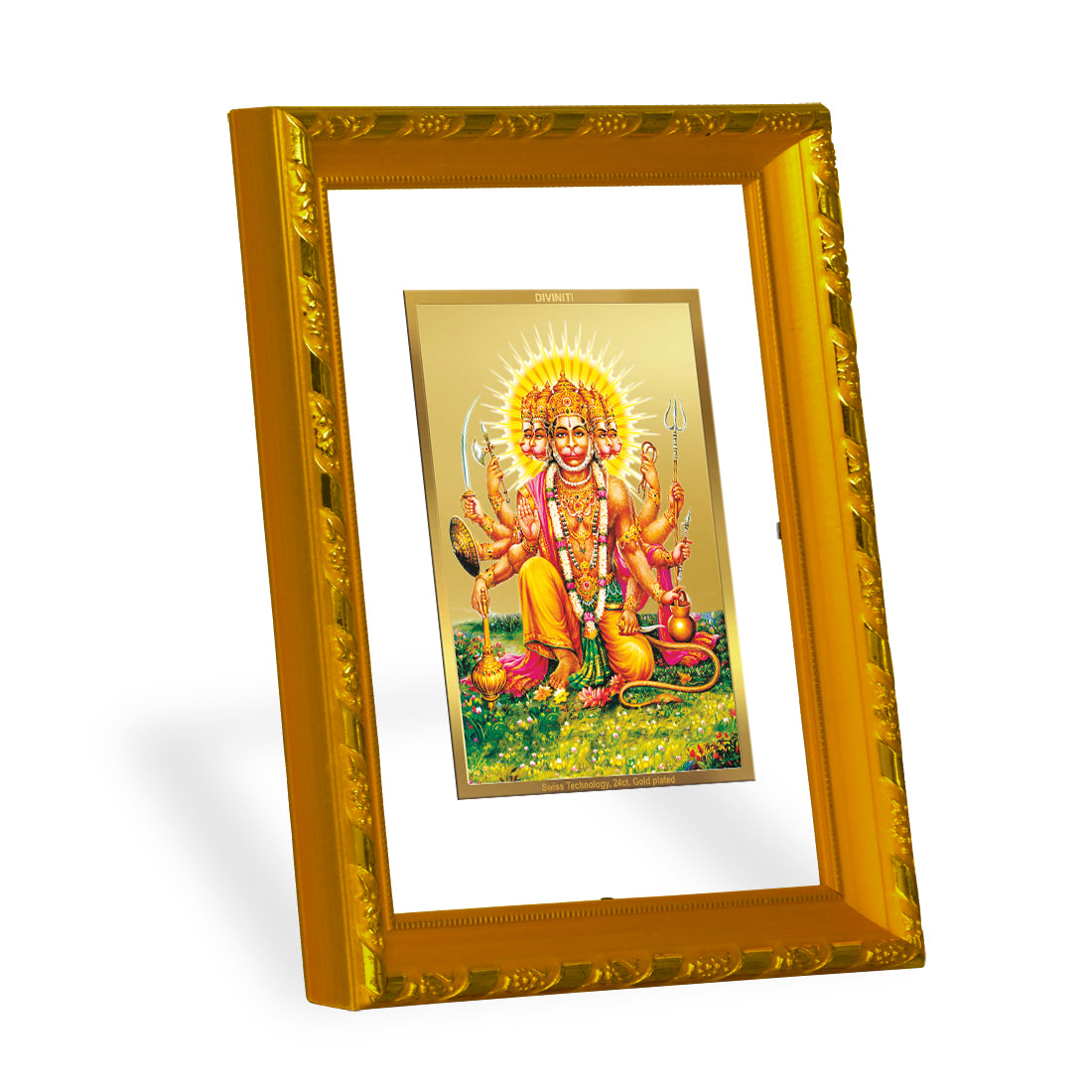 DIVINITI 24K Gold Plated Foil Panchmukhi Hanuman Photo Frame for Home Decor, Puja Room, Table Top, Wall Hanging, Workshop, Luxurious Gift|DG103 Size 2 (22.6x18.4 CM)
