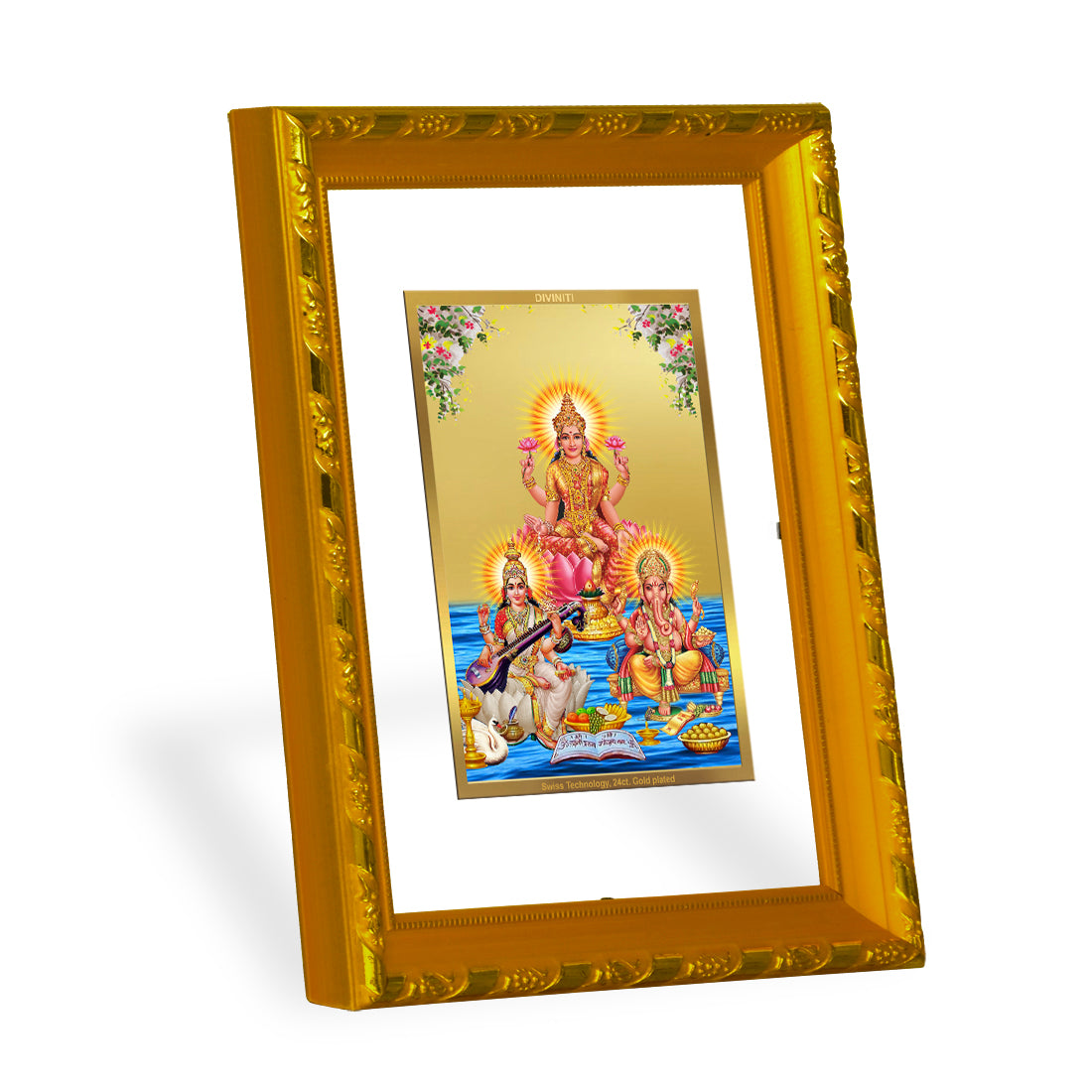 DIVINITI 24K Gold Plated Foil Lakshmi Ganesha Saraswati Photo Frame Idol for Home & Office Decor, Wall Hanging, Workshop, Table Top, Gift|DG103 Size 2 (22.6x18.4 CM)