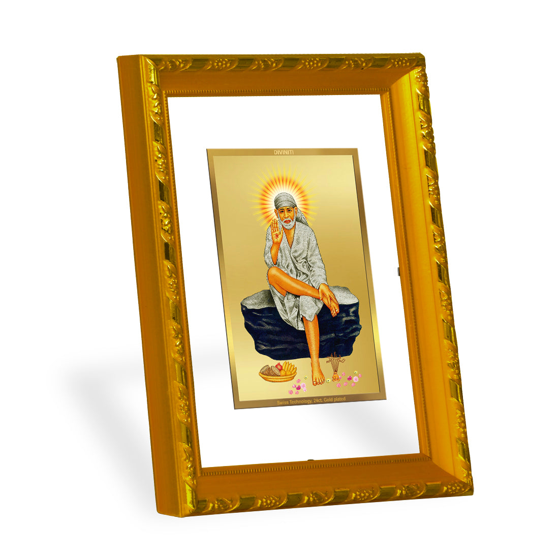 DIVINITI 24K Gold Plated Foil Sai Baba Photo Frame for Home Wall Decor, Workshop, Table Top, Premium Gift|DG103 Size 2 (22.6x18.4 CM)