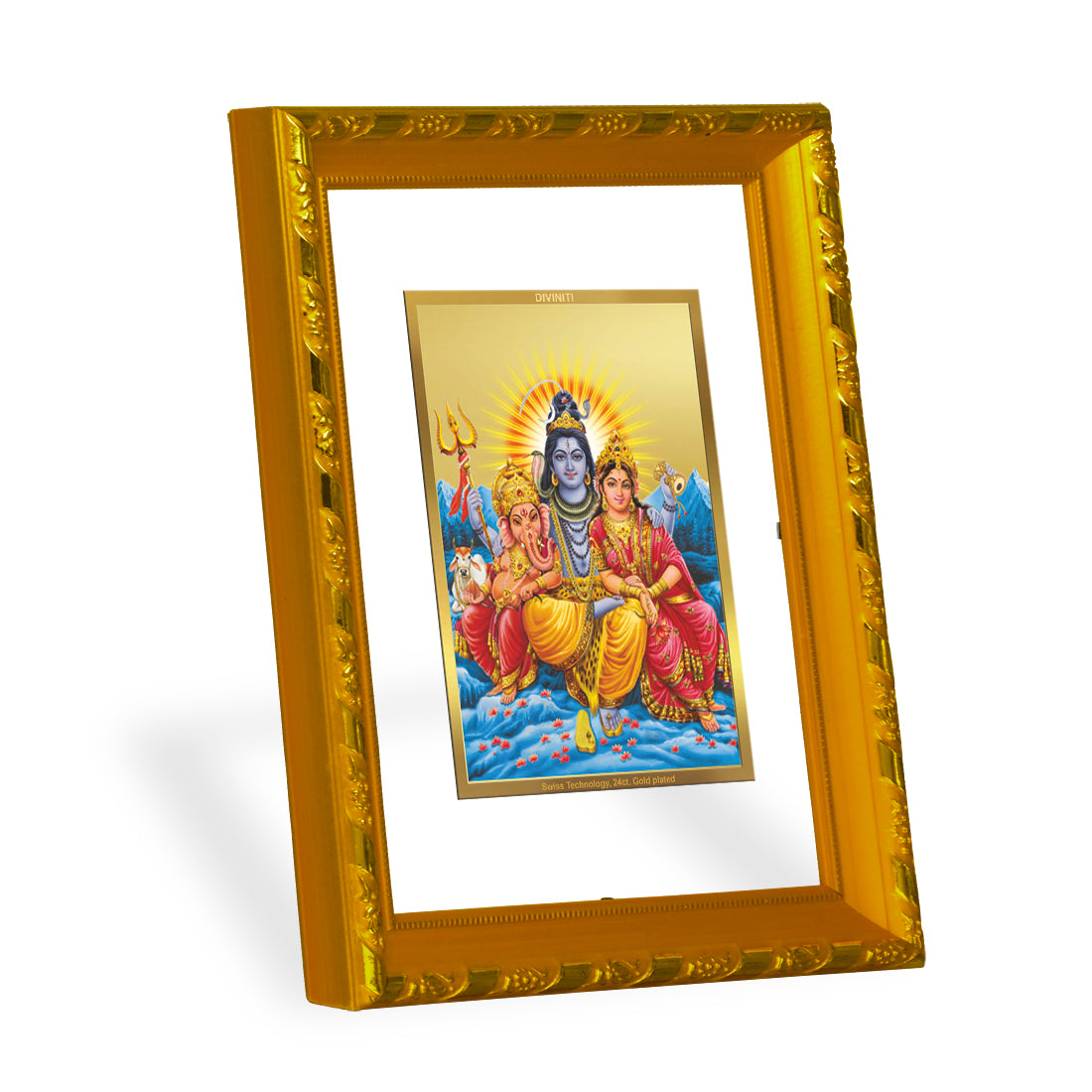 DIVINITI 24K Gold Plated Foil Lord Shiv Parivar Photo Frame for Home Decor, Puja Room, Table Top, Wall Hanging, Workshop, Gift|DG103 Size 2 (22.6x18.4 CM)