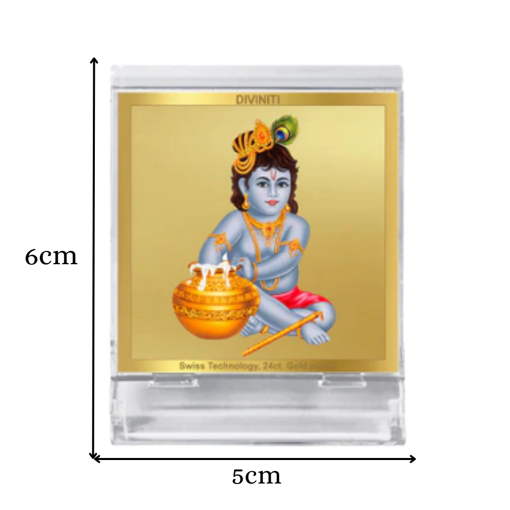 Makkan Gopal | Divine Lord Krishna Car Dashboard & Tabletop Photo Frame in 24K Gold Plated Foil