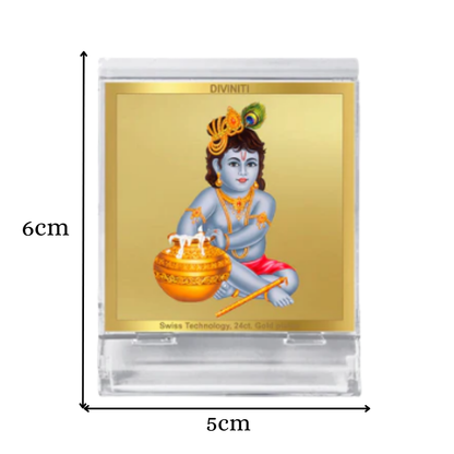 Makkan Gopal | Divine Lord Krishna Car Dashboard & Tabletop Photo Frame in 24K Gold Plated Foil