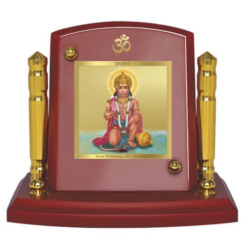 Diviniti 24K Gold Plated Foil Hanuman Photo Frame for Car Dashboard, Home Decor, Tabletop, Puja Room, Showpiece and Gift  MDF1BP+ (6.5x5.5 CM)