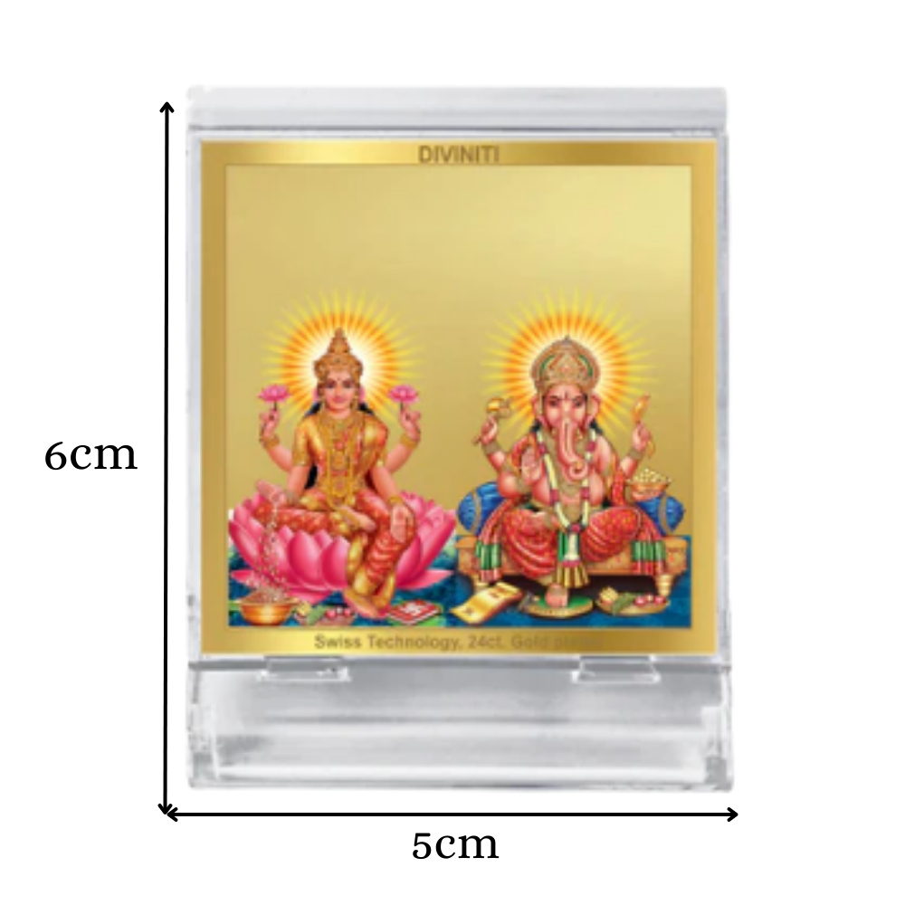Lakshmi & Ganesha | Divine Goddess Lakshmi and Lord Ganesha Car Dashboard & Tabletop Photo Frame in 24K Gold Plated Foil