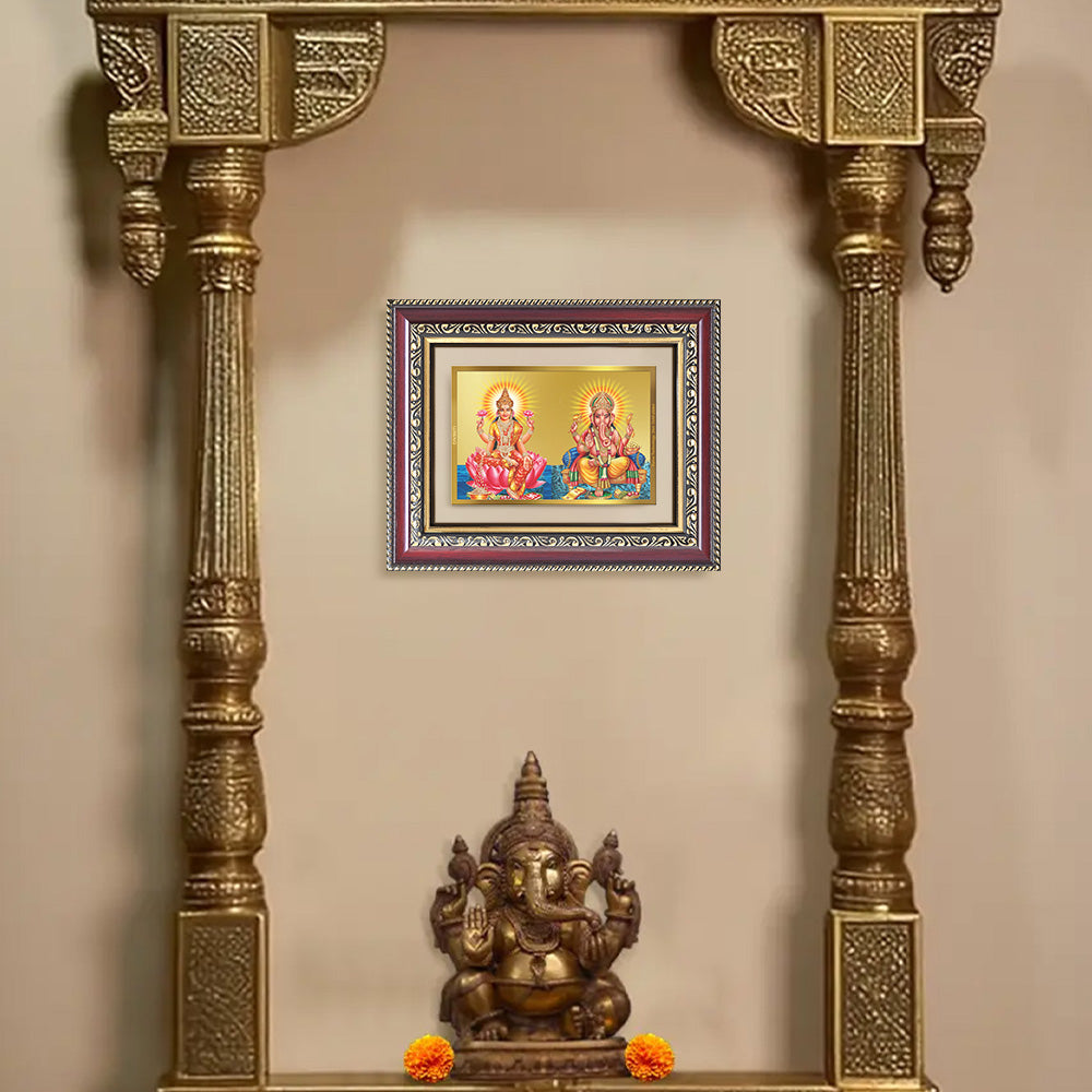 Diviniti 24K Gold Plated Lakshmi Ganesha (Classic) Divine Wall and Table Top Frame for Home Mandir & Office Decor | Luxury Spiritual Gift