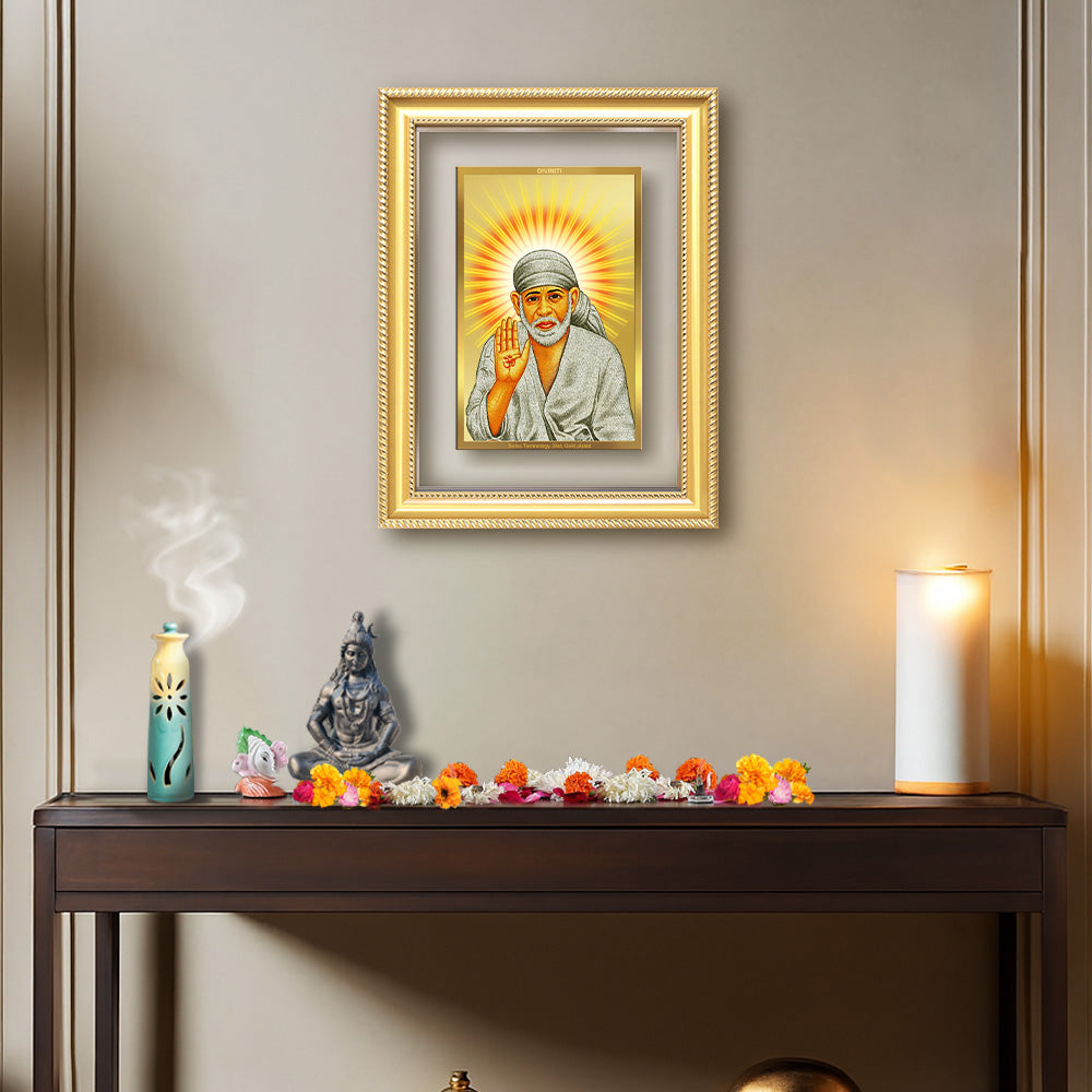 Diviniti 24K Gold Plated Sai Baba With Blessings (Classic) Divine Wall Frame for Home Mandir & Office Decor | Luxury Spiritual Gift