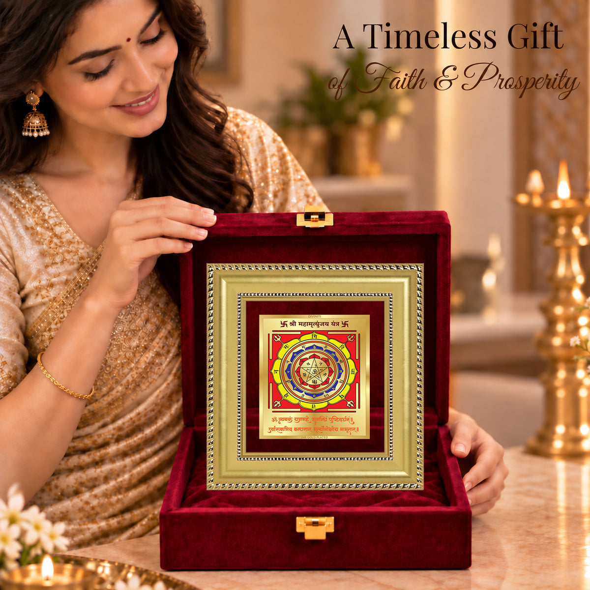 24K Gold-Plated Maha Mrityunjaya Yantra Frame | Premium Gift Box | 12x11 CM