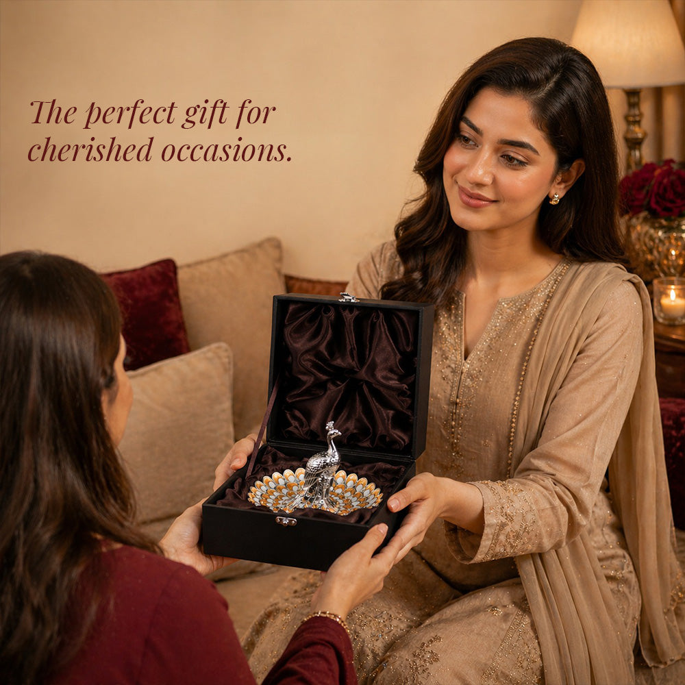 Diviniti Amber Peacock German Silver Platter presented as a gift in a luxurious box.