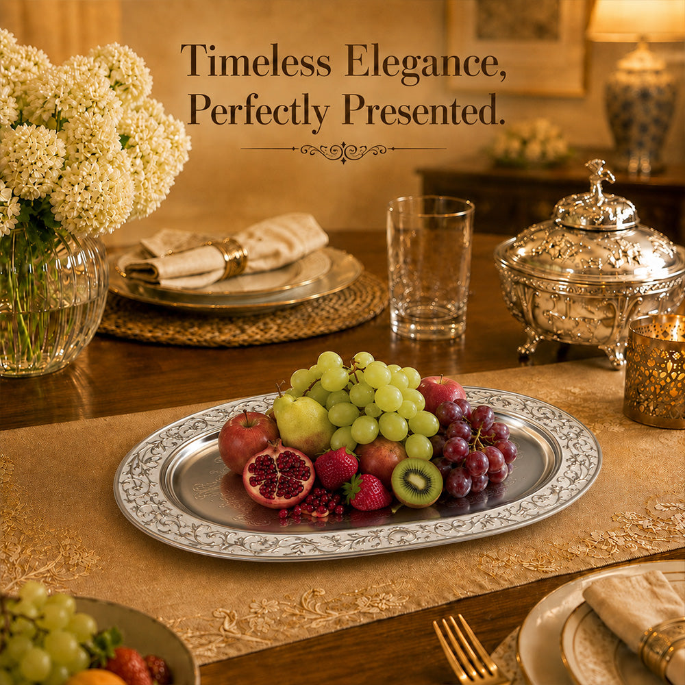 Diviniti Silver-Plated Oval Decorative Tray with White Enamel Accents | Luxury Serving Platter for Dry Fruits, Sweets & Premium Gifting