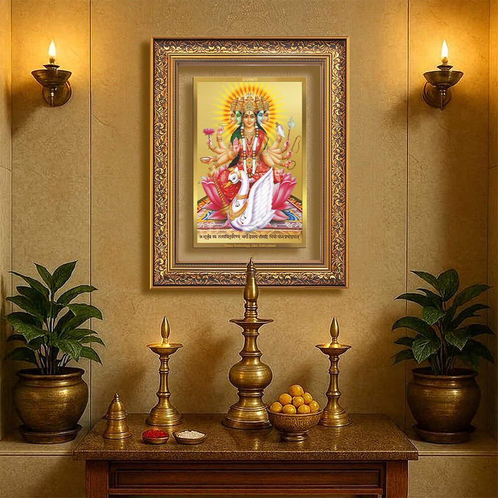 Diviniti 24K Gold Plated Gayatri Maa (Classic) Divine Wall Frame for Home Mandir & Office Decor | Luxury Spiritual Gift