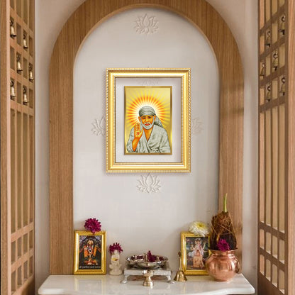 Diviniti 24K Gold Plated Sai Baba With Blessings (Classic) Divine Wall Frame for Home Mandir & Office Decor | Luxury Spiritual Gift