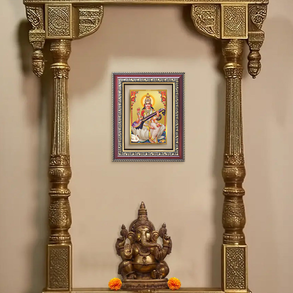 Diviniti 24K Gold Plated Saraswati Mata (Classic) Divine Wall and Table Top Frame for Home Mandir & Office Decor | Luxury Spiritual Gift