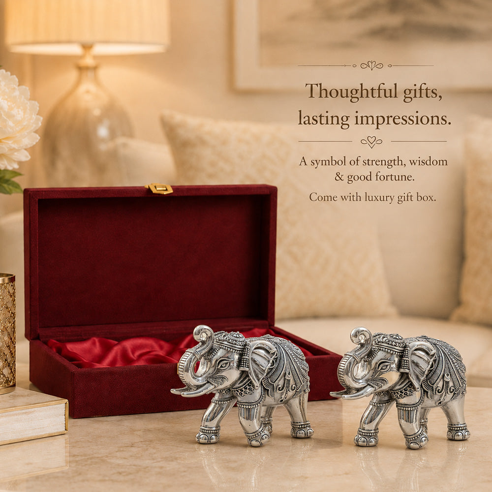 999 Silver-Plated Antique Elephant Pair | Premium Gift Box | 10x13 CM