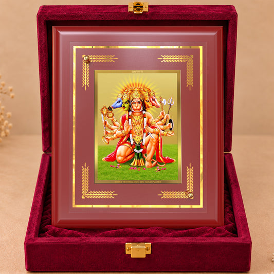 24K Gold-Plated Panchmukhi Hanuman MDF Frame | Premium Gift Box | 13.5x16 CM