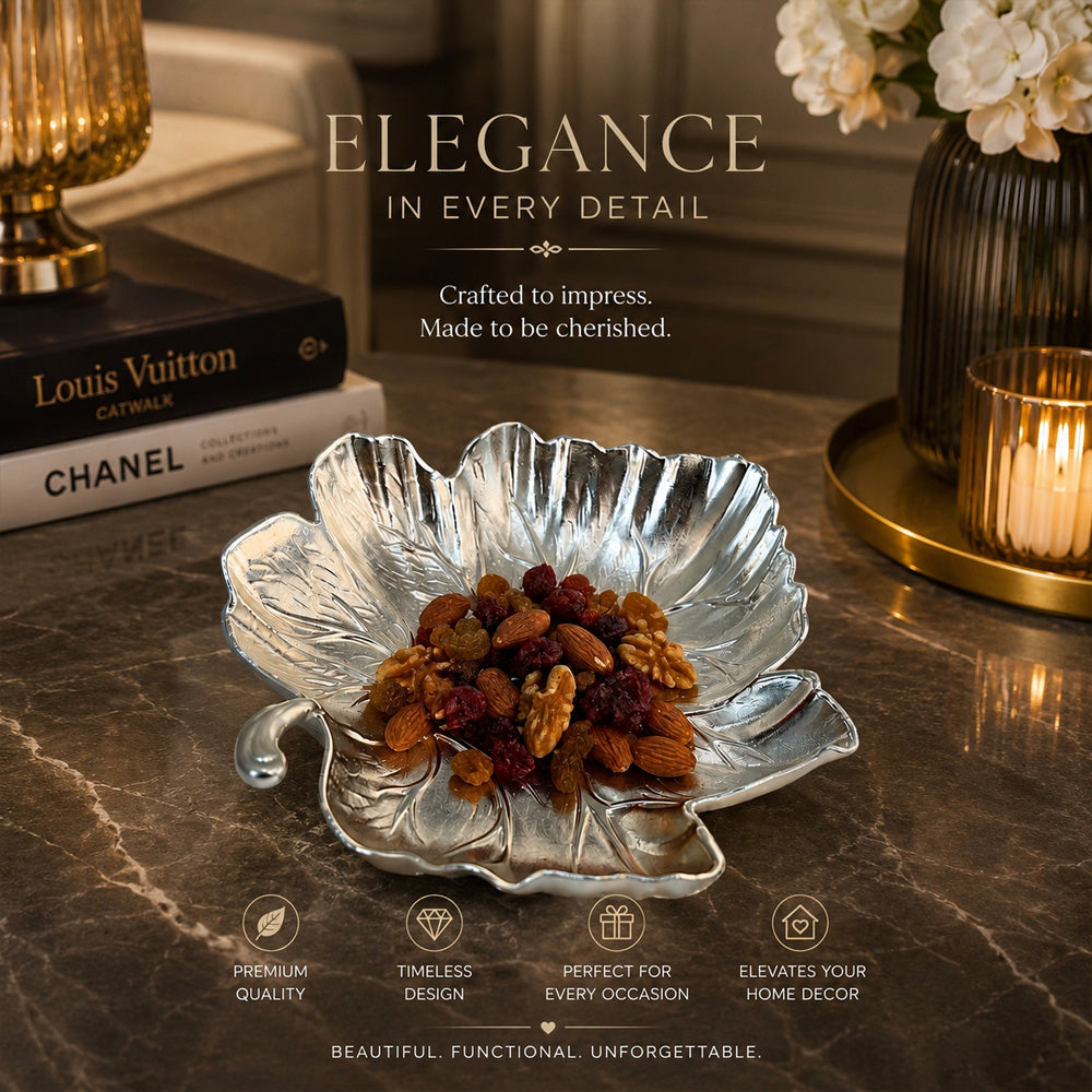 Diviniti Silver-Plated Leaf Decorative Bowl | Luxury Leaf-Shaped Serving Bowl for Dry Fruits, Sweets & Home Décor