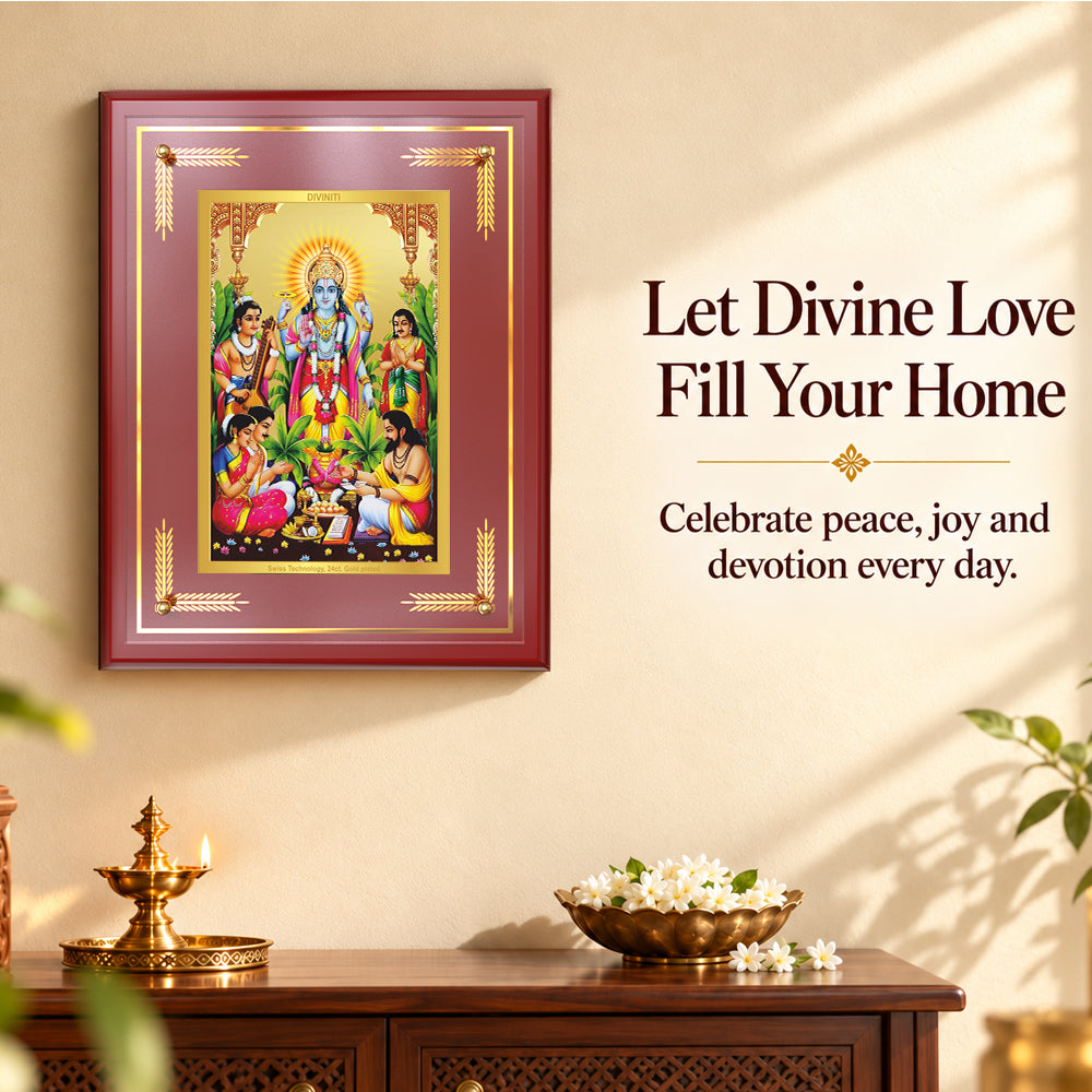 24K Gold-Plated Lord Satya Narayan MDF Frame | Premium Gift Box | 27x35 CM
