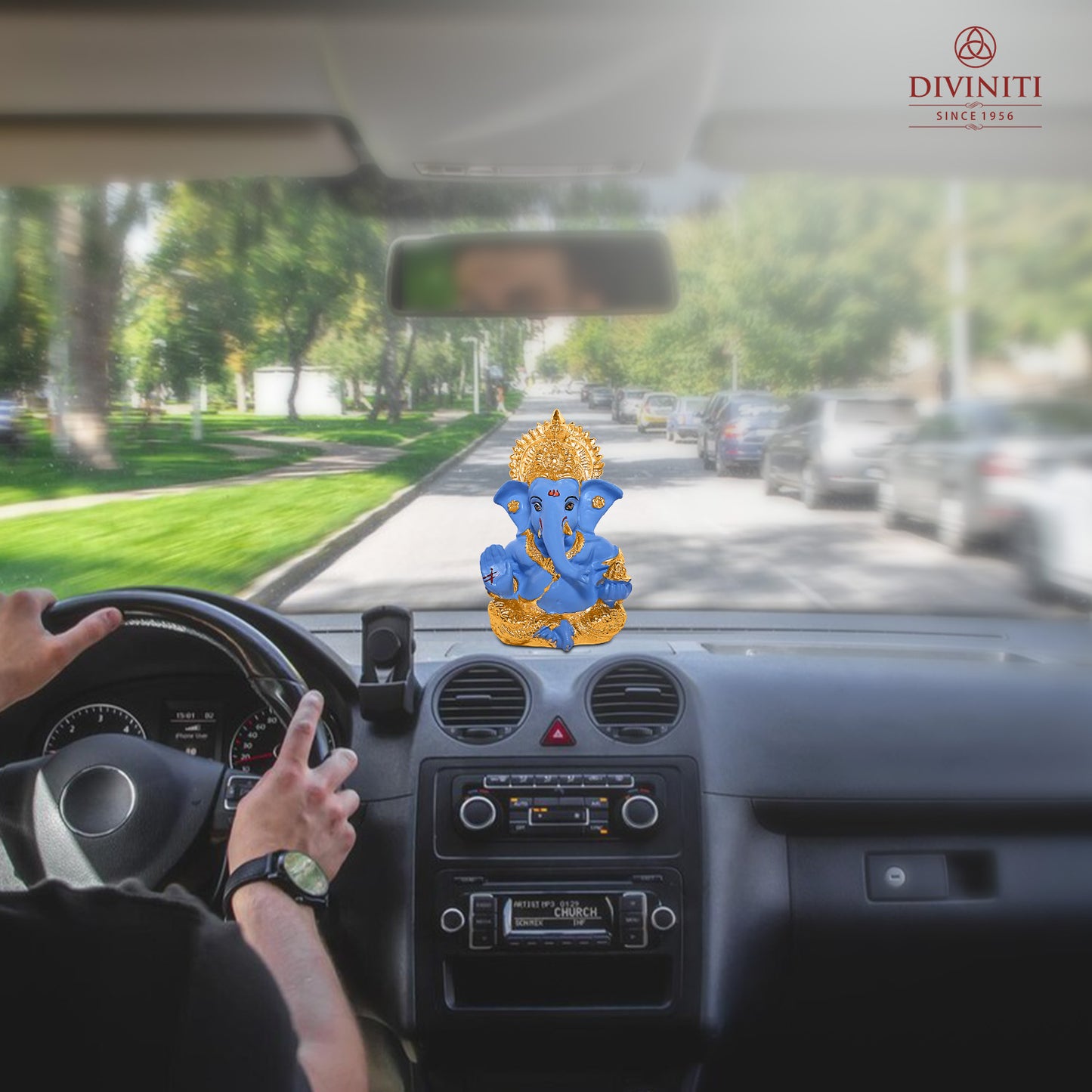 Diviniti 24K Gold Plated Resin Lord Ganesha Idol for Car Dashboard Tabletop for Home Decor Mandir Puja Gift SKy Blue (8.4x4.2cm)