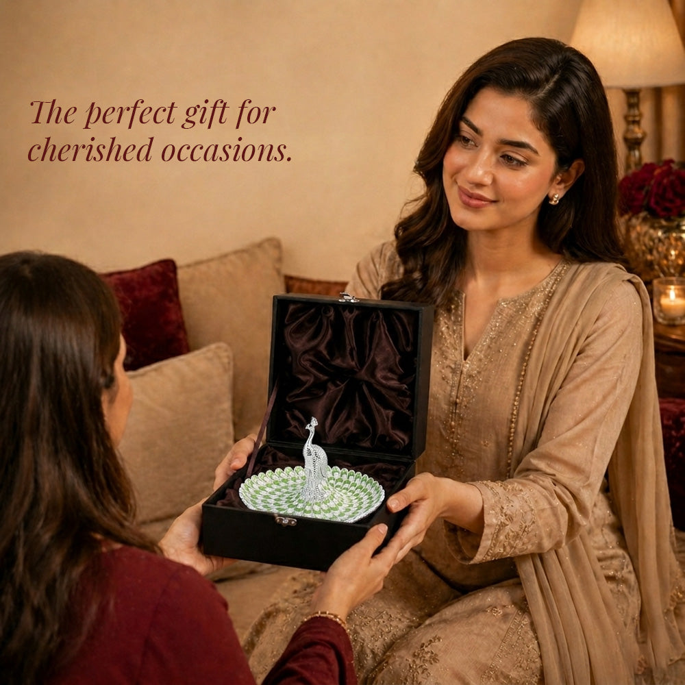 Diviniti Sage Green Peacock German Silver Platter beautifully presented in a gift box for special occasions.