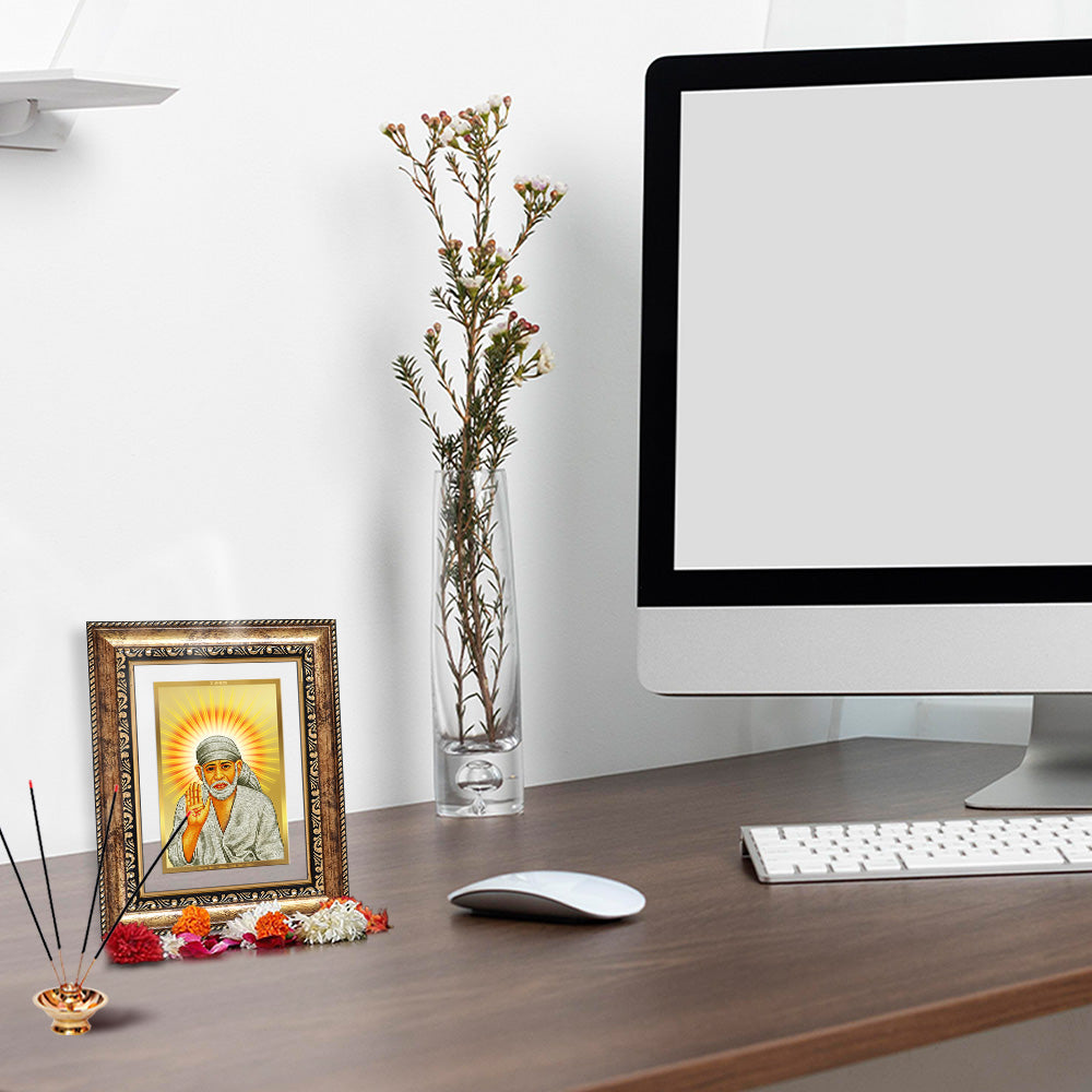 Diviniti 24K Gold Plated Sai Baba With Blessings (Classic) Divine Wall and Table Top Frame for Home Mandir & Office Decor | Luxury Spiritual Gift