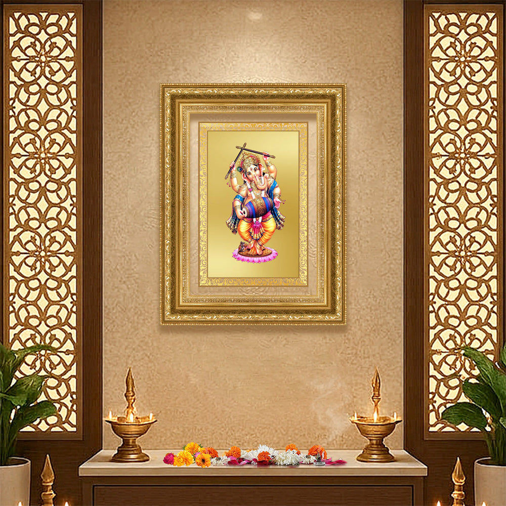 Diviniti 24K Gold Plated Dancing Ganesha (Classic) Divine Wall Frame for Home Mandir & Office Decor | Luxury Spiritual Gift