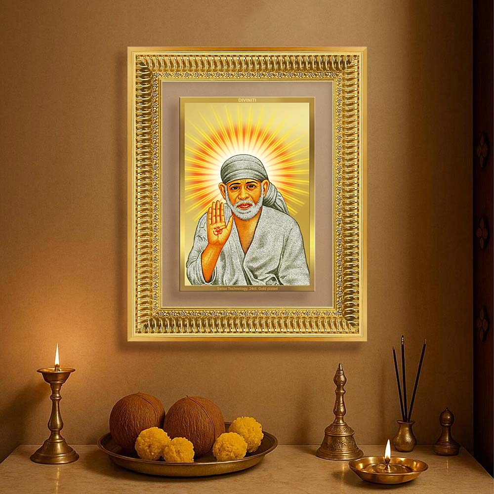 Diviniti 24K Gold Plated Sai Baba With Blessings (Classic) Divine Wall Frame for Home Mandir & Office Decor | Luxury Spiritual Gift