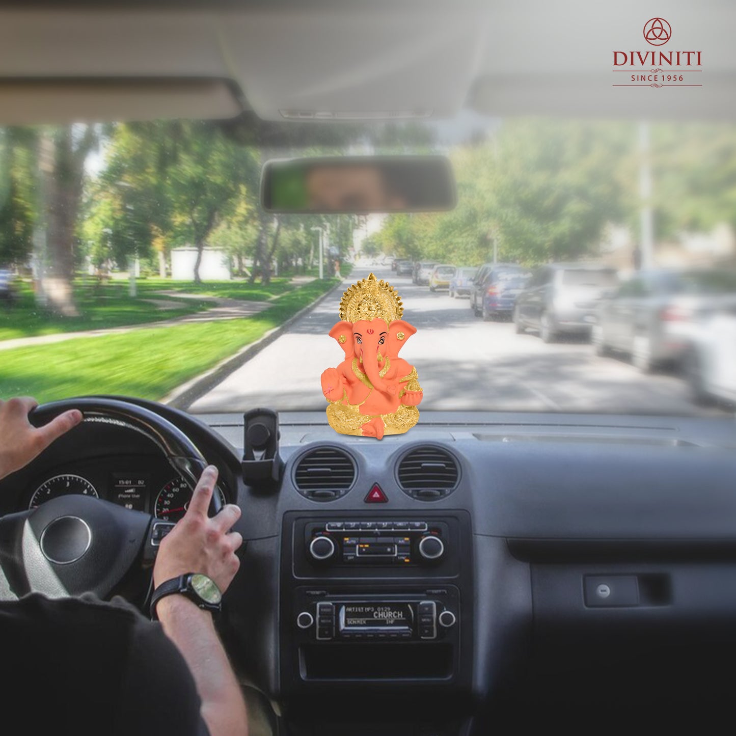 Diviniti 24K Gold Plated Resin Lord Ganesha Idol for Car Dashboard Tabletop for Home Decor Mandir Puja Gift Orange & Gold(8.4x4.2cm)