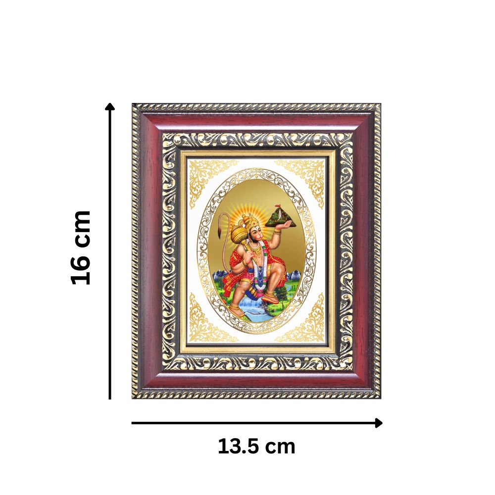 Lord Hanuman with Sanjeevani Mountain Divine Strength & Protection Royal Tabletop Frame in 24K Gold Plated Foil