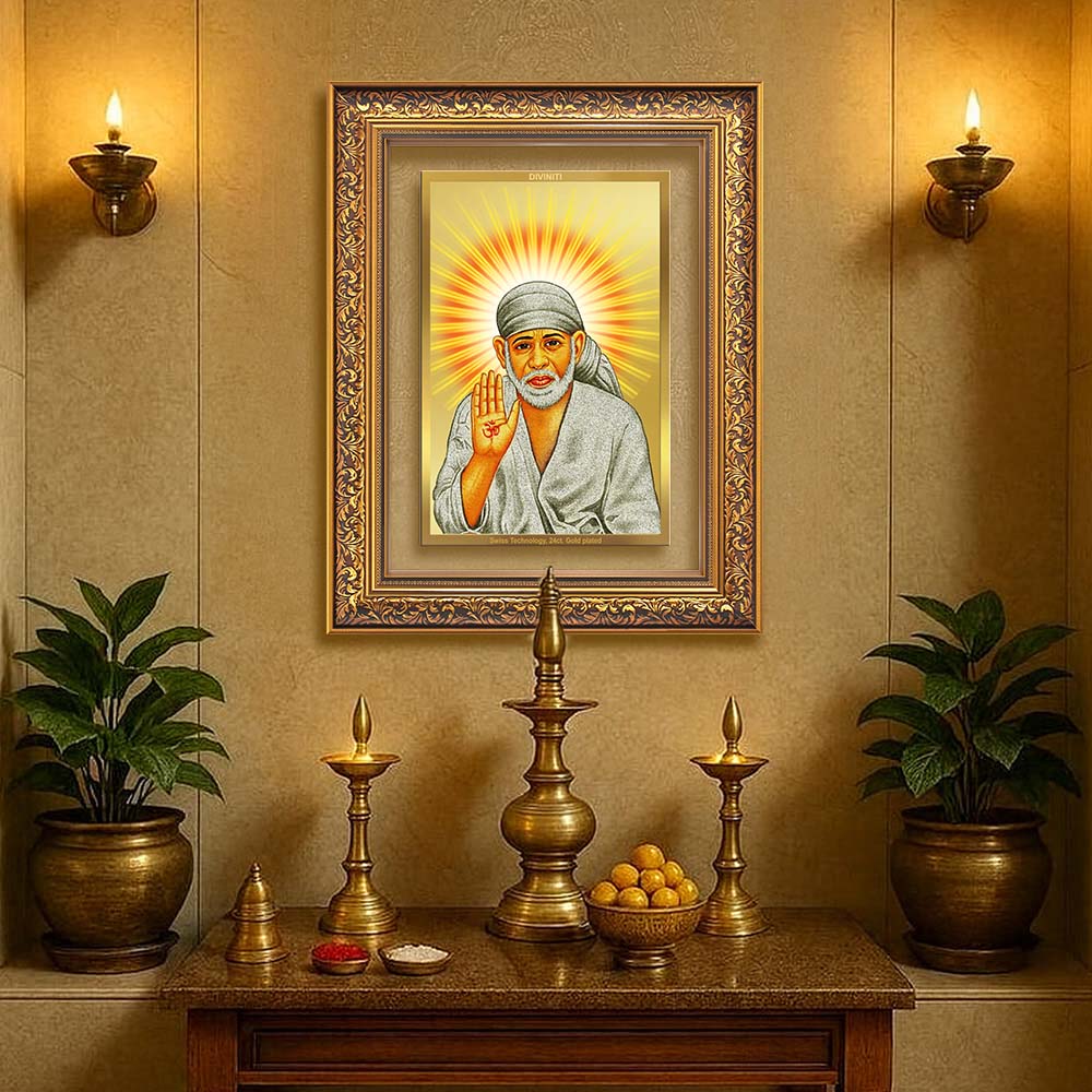 Diviniti 24K Gold Plated Sai Baba With Blessings (Classic) Divine Wall Frame for Home Mandir & Office Decor | Luxury Spiritual Gift