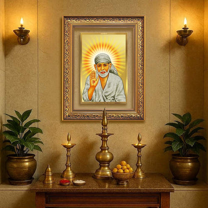 Diviniti 24K Gold Plated Sai Baba With Blessings (Classic) Divine Wall Frame for Home Mandir & Office Decor | Luxury Spiritual Gift