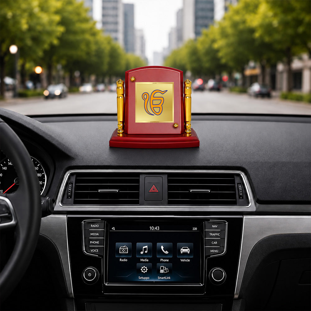 24K Gold-Plated Ik Onkar MDF Car Dashboard Frame | 7.5x9 CM