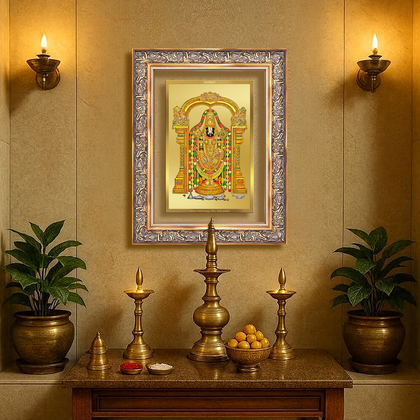 Diviniti 24K Gold Plated Tirupati Balaji Divine Wall Frame for Home Mandir & Office Decor | Luxury Spiritual Gift
