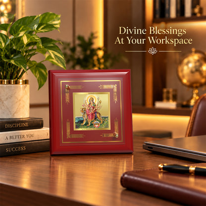 24K Gold-Plated Sherawali Mata with Pindi MDF Frame | Premium Gift Box | 10x10 CM