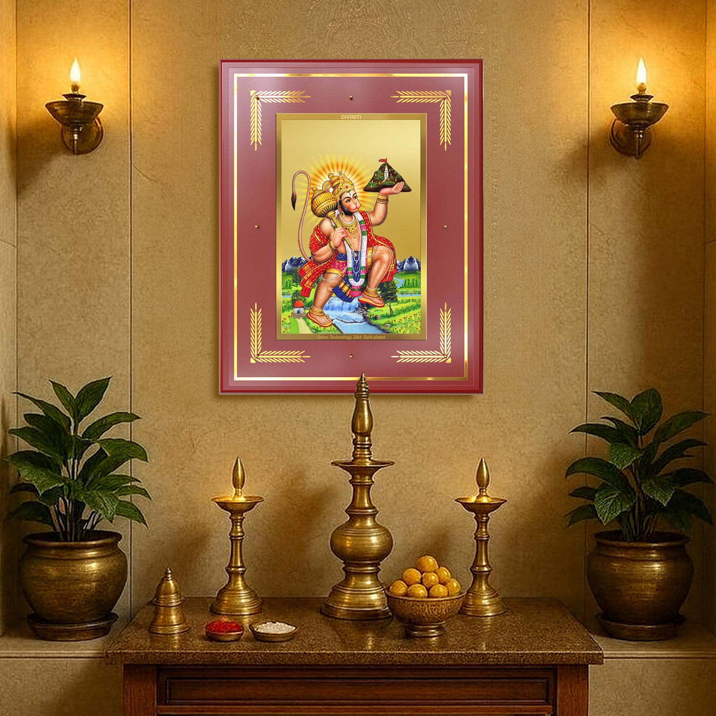 Hanuman Carrying Sanjeevani Mountain | Lord Hanuman Wall Mount Photo Frame in 24K Gold Plated Foil