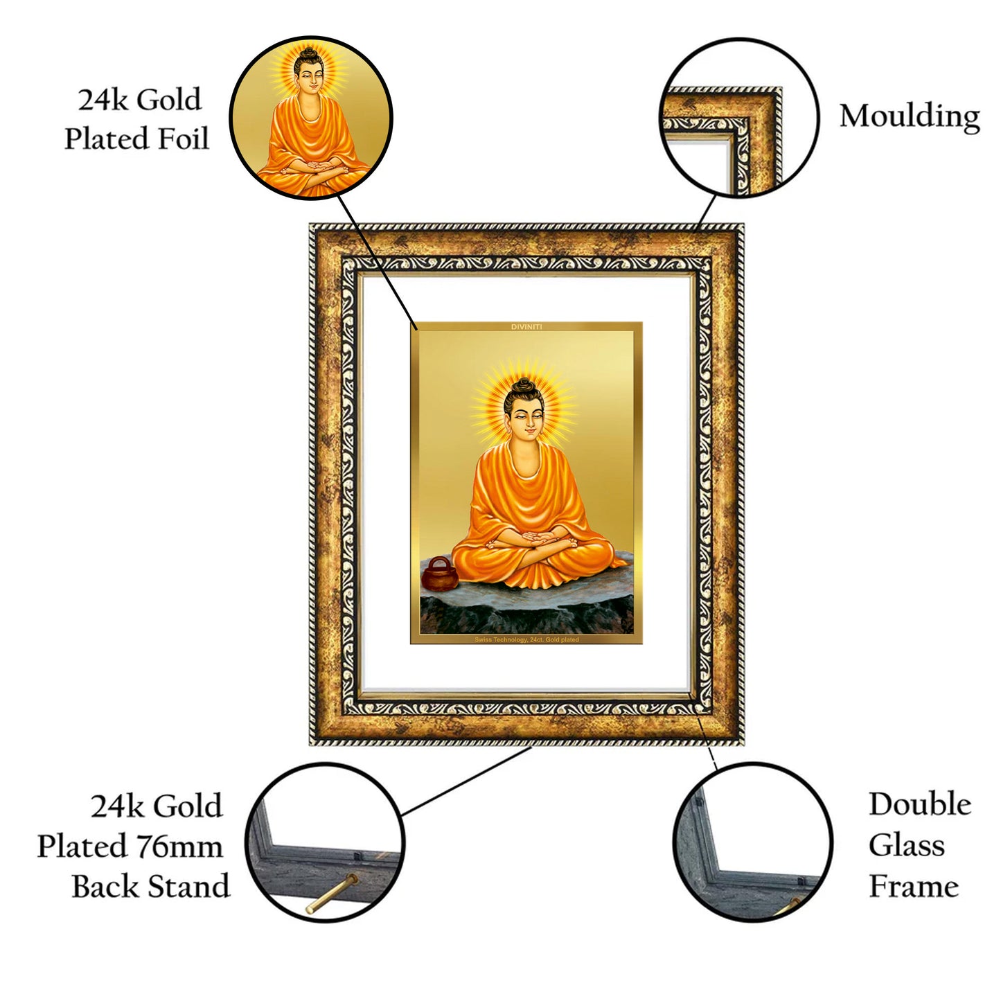 DIVINITI 24K Gold Plated Buddha Wall Photo Frame for Home Decor, Wall Hanging, Table Top, Puja Room & Gift DG113S3 (27.6X35.4 CM)