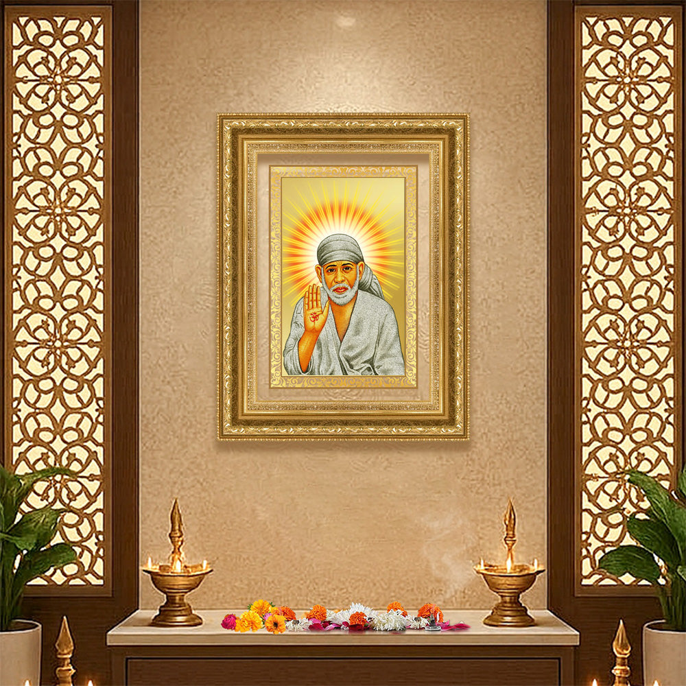 Diviniti 24K Gold Plated Sai Baba With Blessings (Classic) Divine Wall Frame for Home Mandir & Office Decor | Luxury Spiritual Gift
