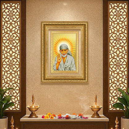 Diviniti 24K Gold Plated Sai Baba With Blessings (Classic) Divine Wall Frame for Home Mandir & Office Decor | Luxury Spiritual Gift