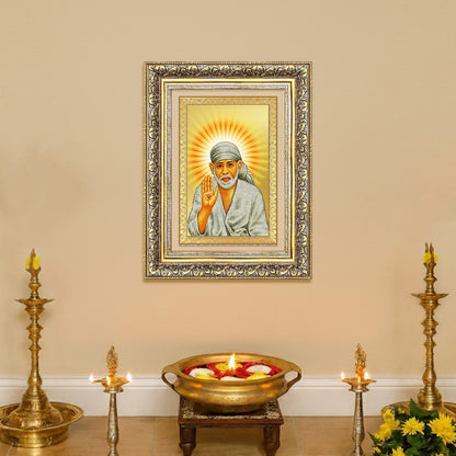 Diviniti 24K Gold Plated Sai Baba With Blessings (Classic) Divine Wall Frame for Home Mandir & Office Decor | Luxury Spiritual Gift