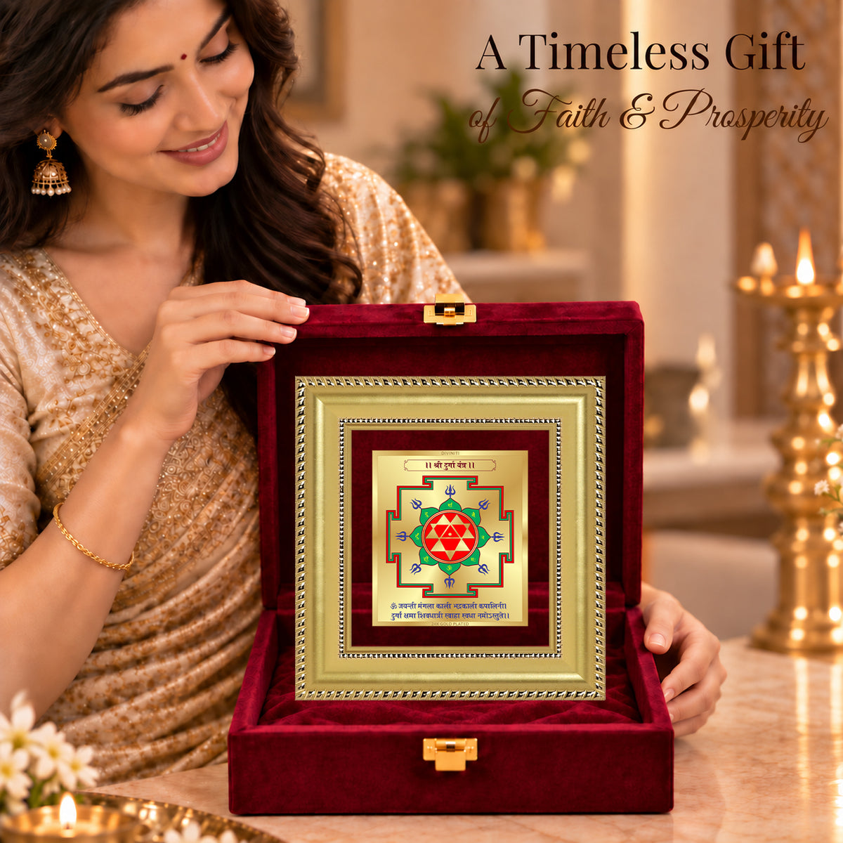 24K Gold-Plated Durga Yantra Frame | Premium Gift Box | 12x11 CM